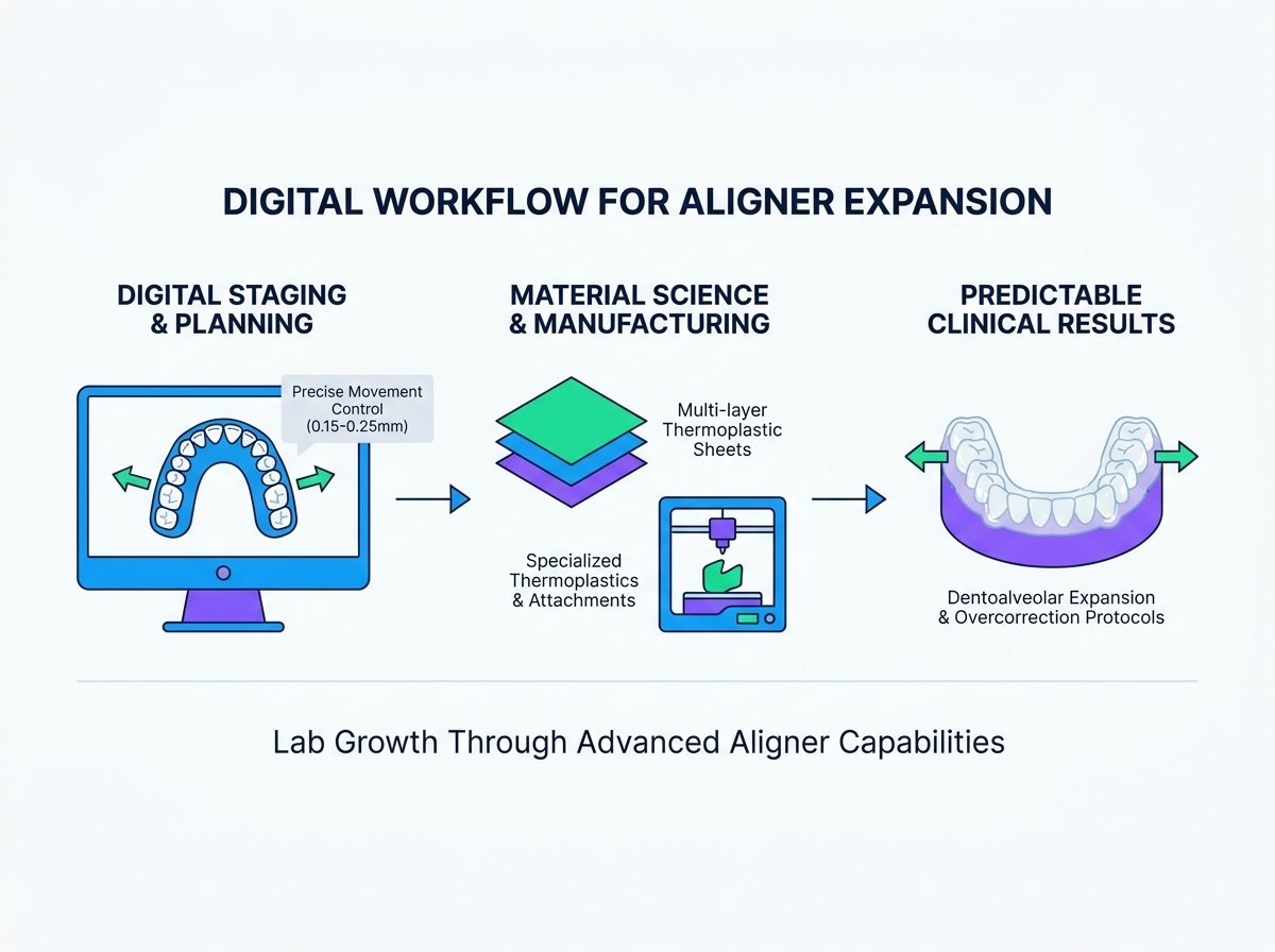 Orthodontic lab technician evaluating digital aligner staging software for arch expansion