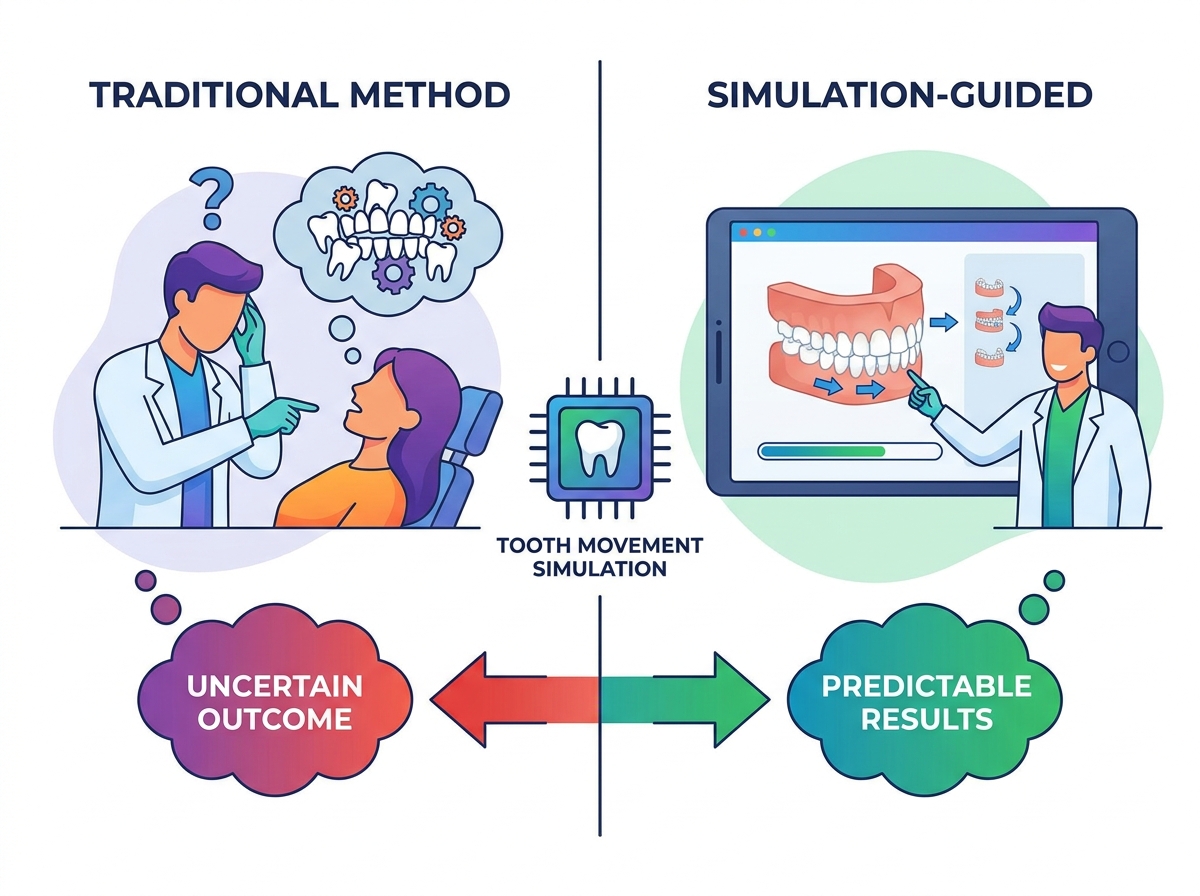 Tooth movement simulation software interface showing biomechanical force distribution